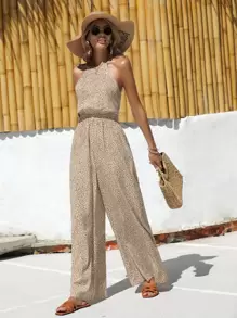 SHEIN Frenchy Allover Print Wide Leg Halter Jumpsuit - Apricot - View 4