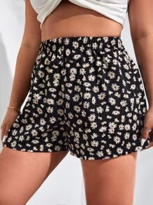 SHEIN VCAY Plus Ditsy Floral Print Wide Leg Summer Boho Shorts - Multicolor - View 4