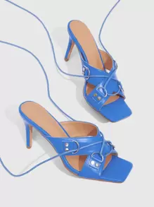 鉚釘裝飾交叉細跟綁帶涼鞋 - 藍色 - 查看 8