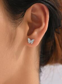 方晶鋯石蝴蝶耳釘 - 銀色 - 查看 1