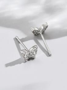 方晶鋯石蝴蝶耳釘 - 銀色 - 查看 2
