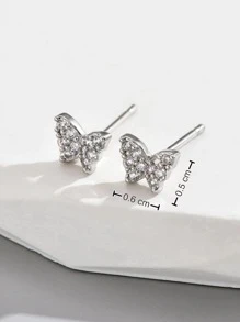 方晶鋯石蝴蝶耳釘 - 銀色 - 查看 3