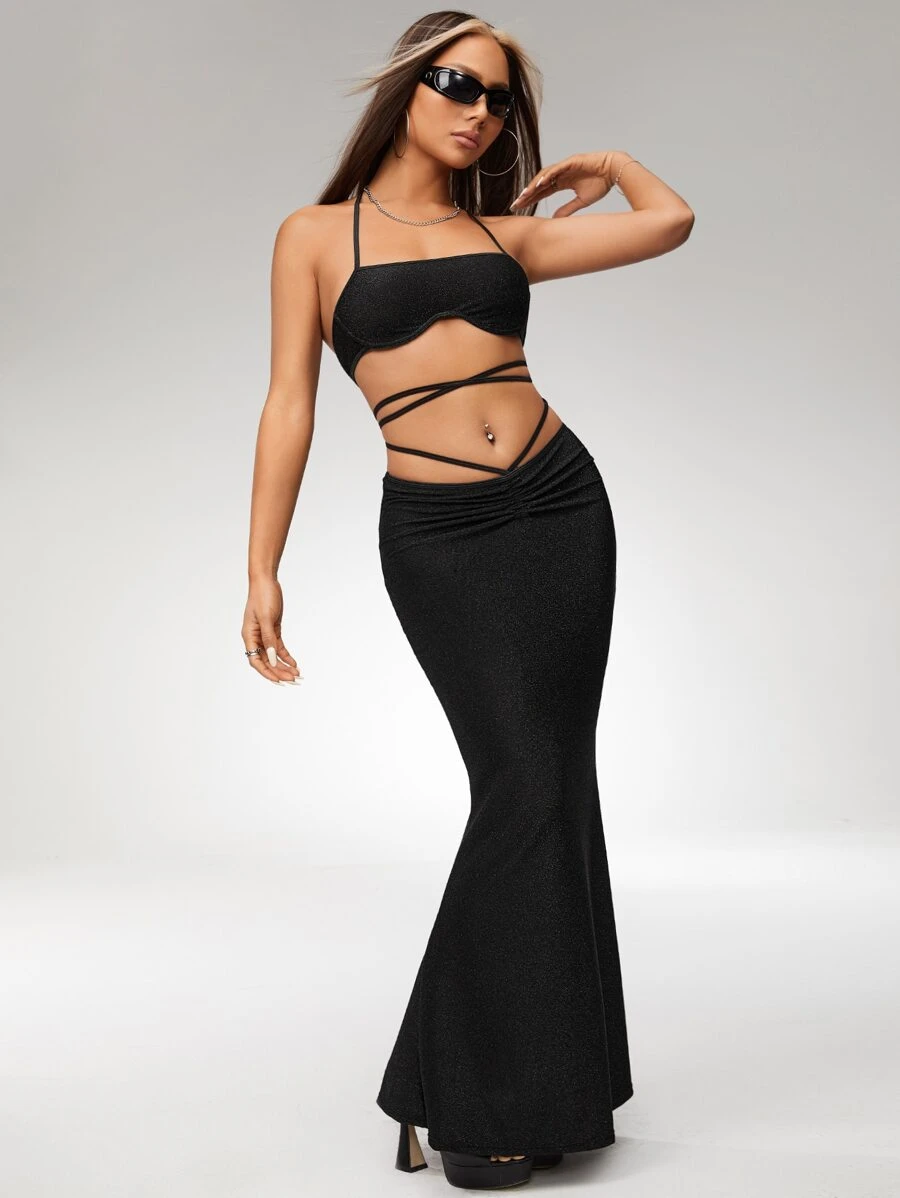 SHEIN ICON Tie Backless Halter Top & Ruched Waist Skirt - Black - View 1