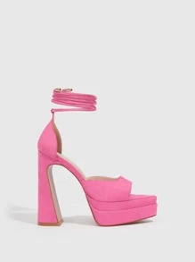 女士極簡粗跟條帶時尚夏天高跟涼鞋 - 玫紅色 - 查看 6