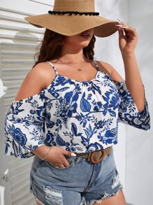 SHEIN VCAY Plus Floral Print Cold Shoulder Blouse - Blue - View 1