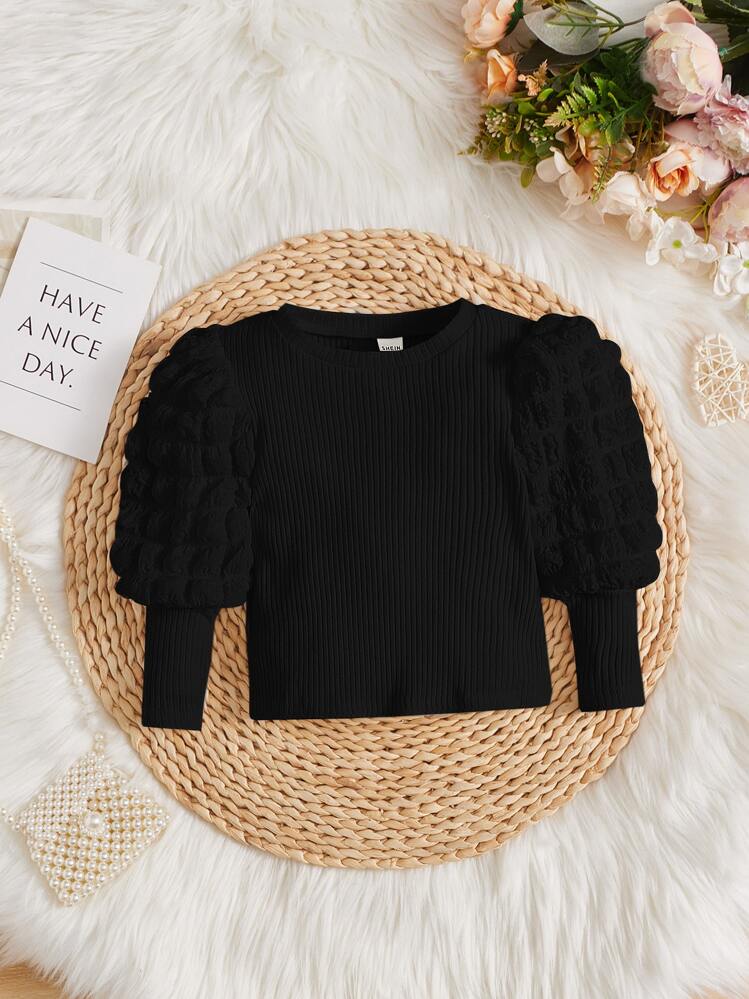 SHEIN תינוקות בנות שרוול מנופח צוואר אגול חולצות טי - שחור - ראה 1