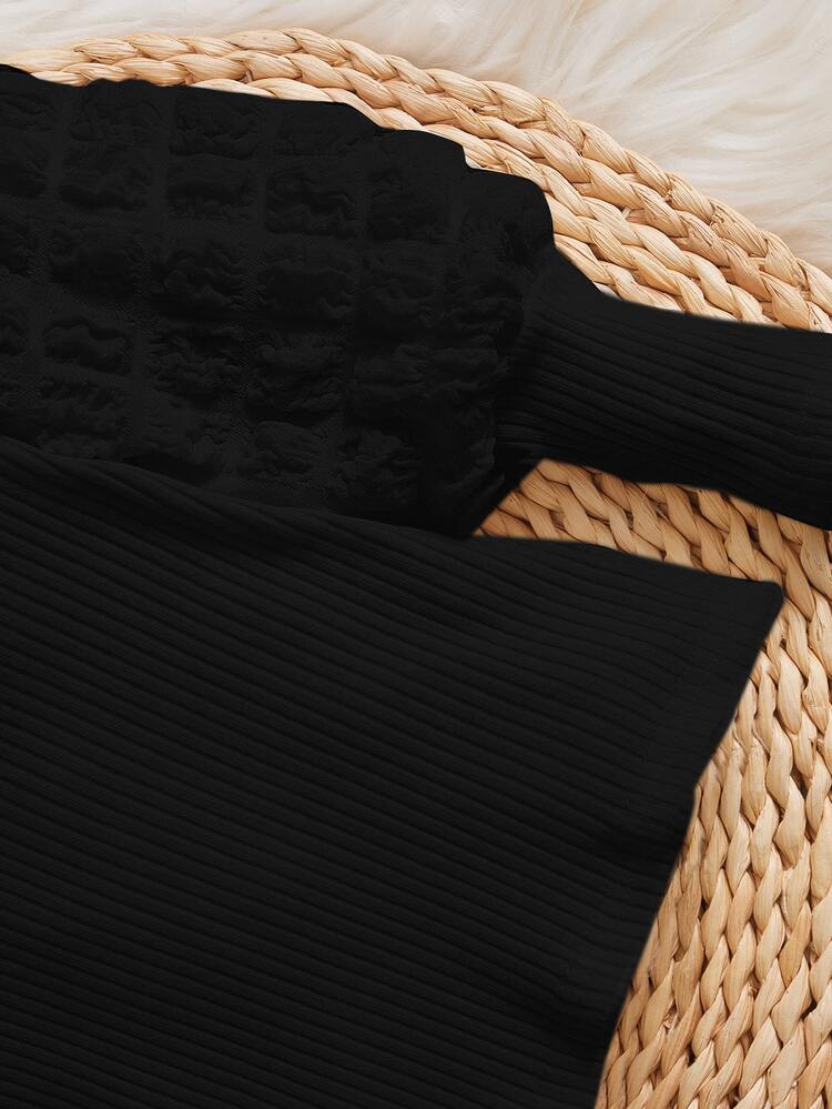 SHEIN תינוקות בנות שרוול מנופח צוואר אגול חולצות טי - שחור - ראה 3