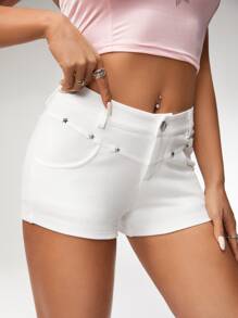 SHEIN ICON Low Rise Solid Slant Pocket Shorts - White - View 3
