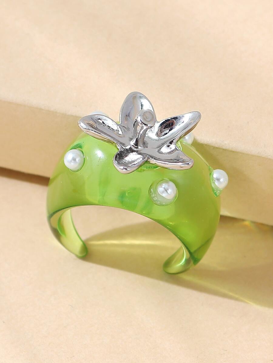 Faux Pearl & Strawberry Decor Cuff Ring - Green - View 1