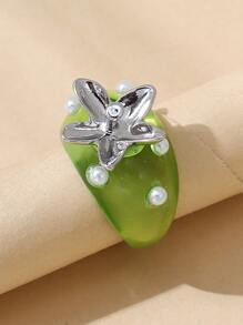 Faux Pearl & Strawberry Decor Cuff Ring - Green - View 3