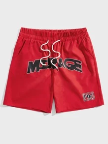 ROMWE MEN Guys Letter Graphic Shorts - Red - View 1