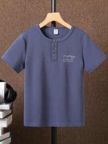 Boys Slogan Graphic Half Button Tee - Dusty Blue - View 1