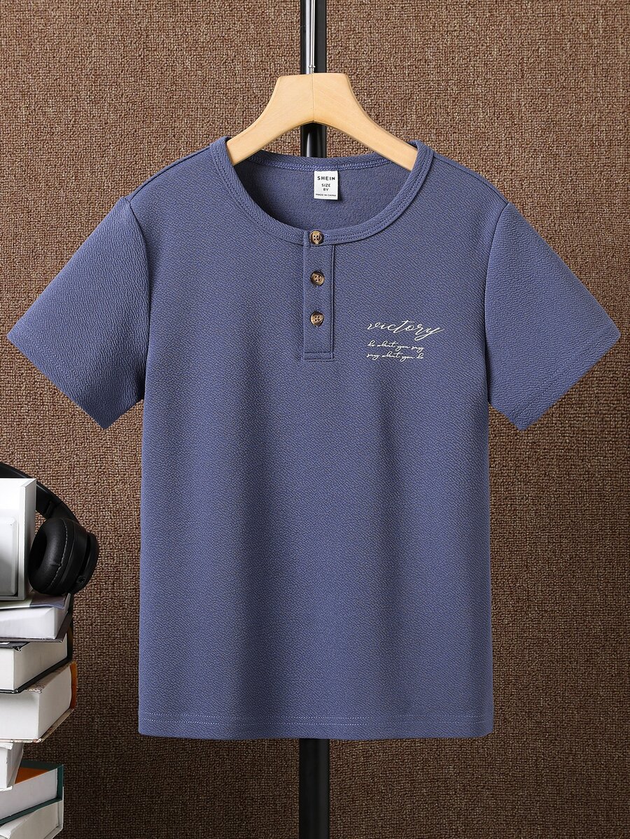 Boys Slogan Graphic Half Button Tee - Dusty Blue - View 1