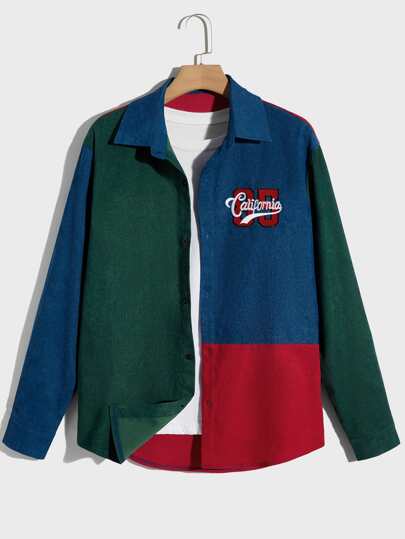 Guys Colorblock Letter Embroidery Button Front Shirt