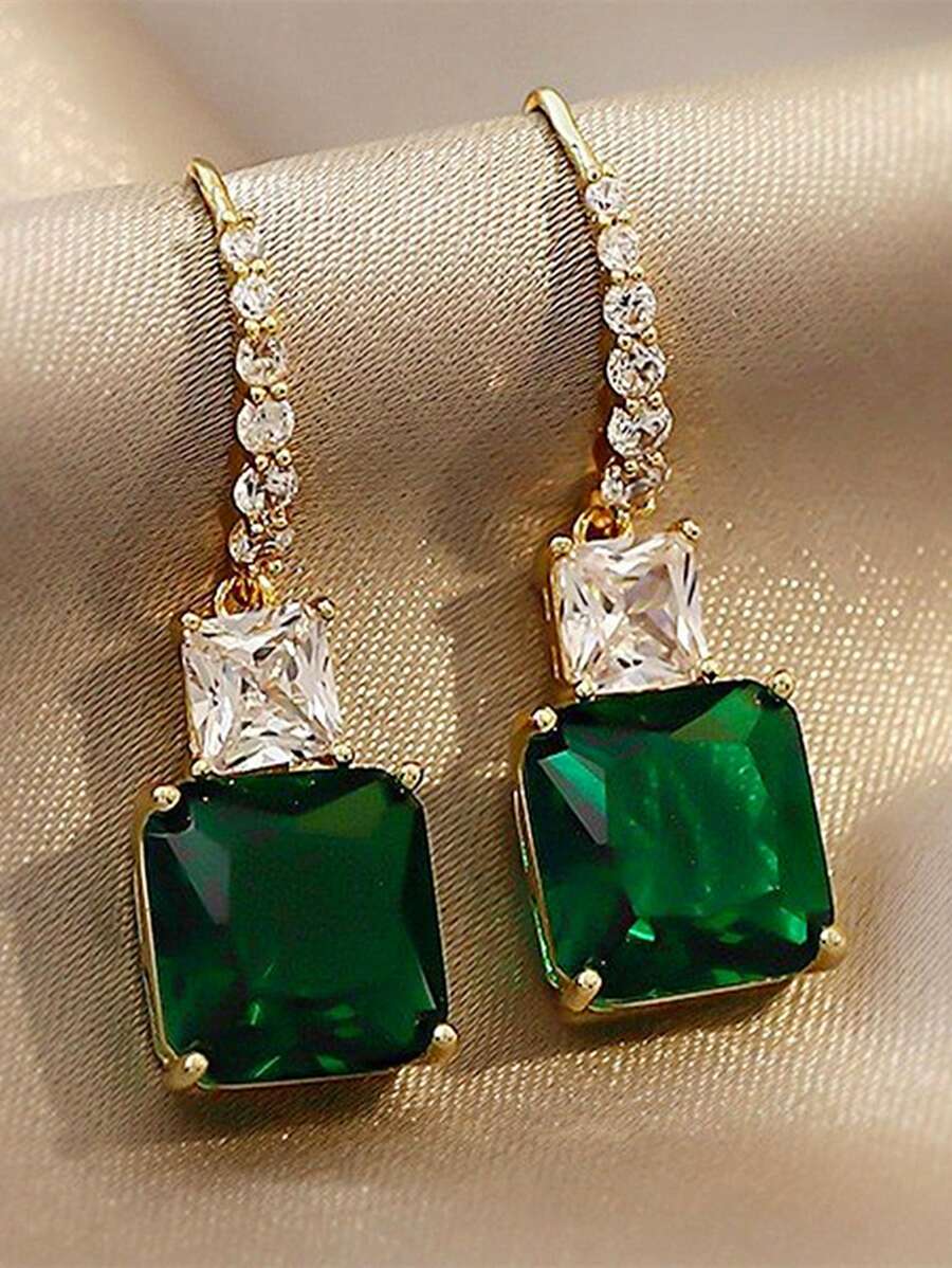 Cubic Zirconia Drop Earrings - Green - View 1