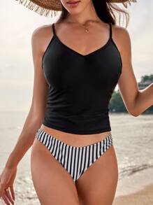 Striped Print Tankini Summer Beach - Black and White - View 1