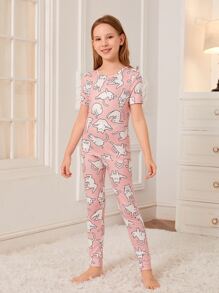 Girls Cartoon Cat Print Snug Fit PJ Set - Baby Pink - View 1