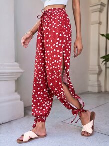 SHEIN VCAY Allover Print Knot Hem Trousers - Red - View 1