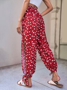 SHEIN VCAY Allover Print Knot Hem Trousers - Red - View 2
