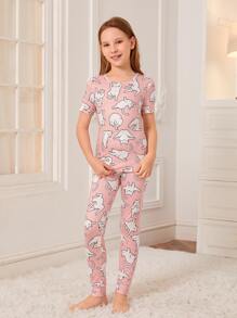 Girls Cartoon Cat Print Snug Fit PJ Set - Baby Pink - View 3