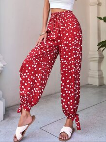 SHEIN VCAY Allover Print Knot Hem Trousers - Red - View 4
