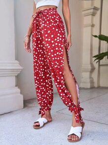 SHEIN VCAY Allover Print Knot Hem Trousers - Red - View 5