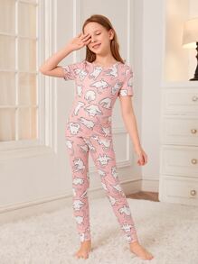 Girls Cartoon Cat Print Snug Fit PJ Set - Baby Pink - View 5
