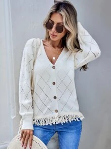 SHEIN VCAY Cárdigan de punto de malla bajo con fleco de hombros caídos - Albaricoque - Ver 1