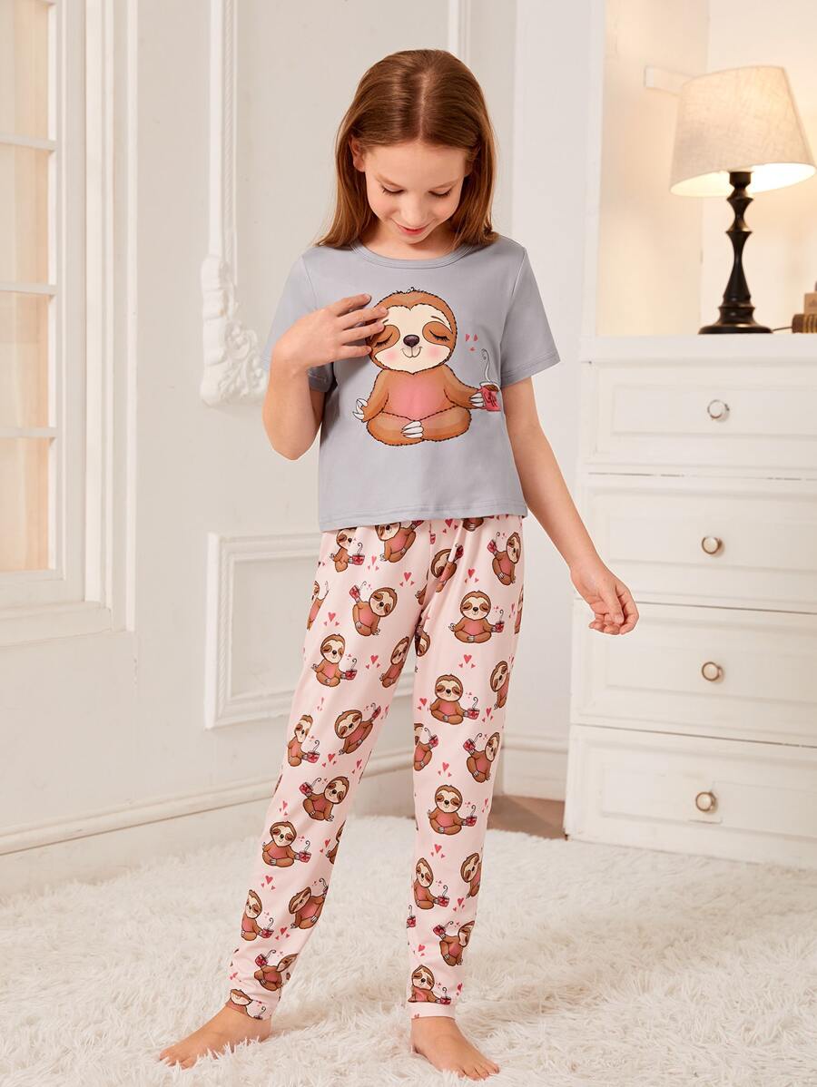 Girls Cartoon Graphic Tee & Trousers PJ Set - Multicolor - View 1