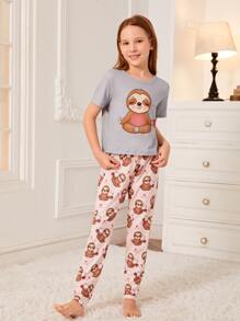 Girls Cartoon Graphic Tee & Trousers PJ Set - Multicolor - View 3