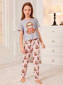 Girls Cartoon Graphic Tee & Trousers PJ Set - Multicolor - View 5