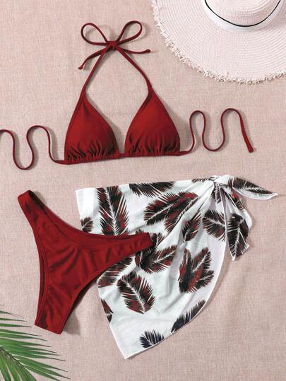 Summer Beach Leaf Print Bikini Set Halter Triangle Bra & High Cut Bottom & Cover Up Skirt 3 Piece Bathing
