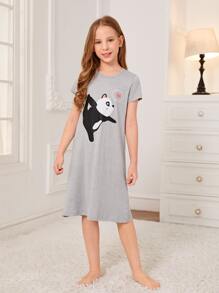 女孩卡通圖案睡裙 - 灰色 - 查看 1