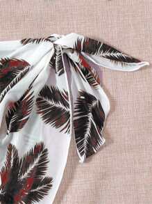 Swim Vcay Summer Beach Leaf Print Bikini Set Halter Triangle Bra & High Cut Bottom & Cover Up Skirt 3 Piece Bathing - Burgundy - View 4