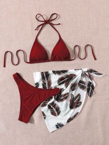 Swim Vcay Summer Beach Leaf Print Bikini Set Halter Triangle Bra & High Cut Bottom & Cover Up Skirt 3 Piece Bathing - Burgundy - View 5