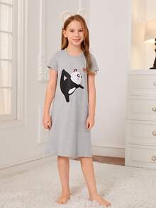 女孩卡通圖案睡裙 - 灰色 - 查看 4