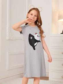 女孩卡通圖案睡裙 - 灰色 - 查看 6