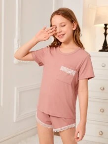 Girls Lace Trim Tee & Shorts PJ Set - Pink - View 1