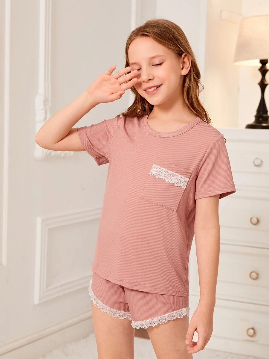 Girls Lace Trim Tee & Shorts PJ Set - Pink - View 1