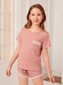 Girls Lace Trim Tee & Shorts PJ Set - Pink - View 3