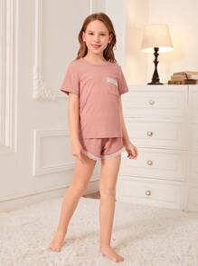 Girls Lace Trim Tee & Shorts PJ Set - Pink - View 4
