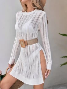 SHEIN VCAY Split Thigh Open Knit Jumper Without Belt - Apricot - View 4