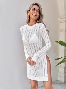 SHEIN VCAY Split Thigh Open Knit Jumper Without Belt - Apricot - View 1