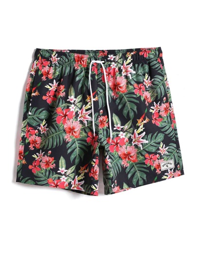 Guys Tropical Print Drawstring Waist Swim Trunks