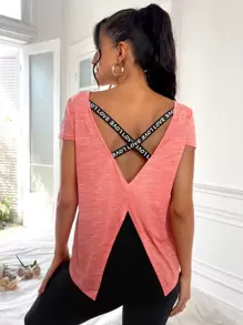Easithlete Letter Tape Criss Cross Back Split Hem Sports Tee - Coral Orange - View 3