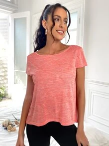 Easithlete Letter Tape Criss Cross Back Split Hem Sports Tee - Coral Orange - View 2