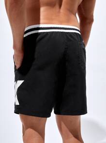 Manfinity Men Letter Graphic Drawstring Waist Striped Trim Swim Trunks - Black - View 2