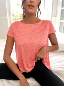 Easithlete Letter Tape Criss Cross Back Split Hem Sports Tee - Coral Orange - View 5