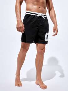 Manfinity Men Letter Graphic Drawstring Waist Striped Trim Swim Trunks - Black - View 4