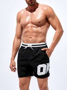 Manfinity Men Letter Graphic Drawstring Waist Striped Trim Swim Trunks - Black - View 3